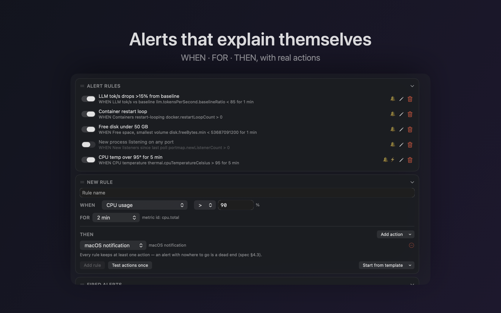 Alert rule builder with shipped templates and a fired-alert history